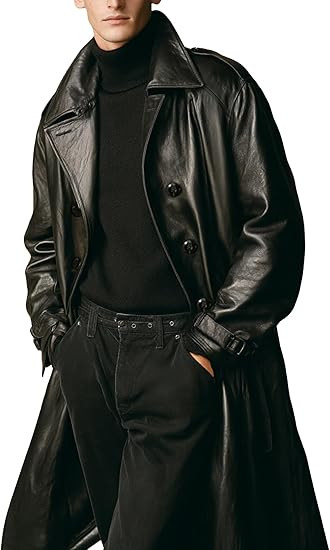 Men's leather windbreaker, medium and long double-breasted belt, leather jacket.