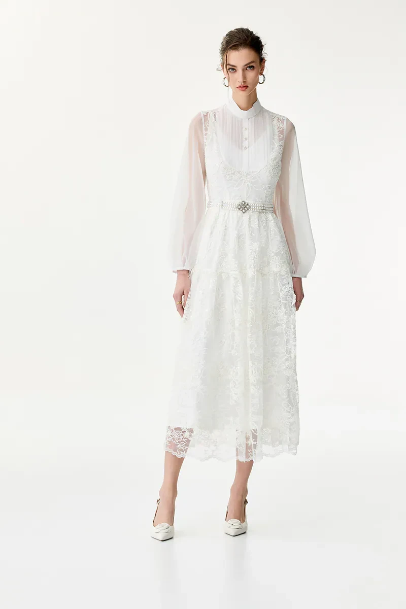 Three-dimensional lace flower dress long dress