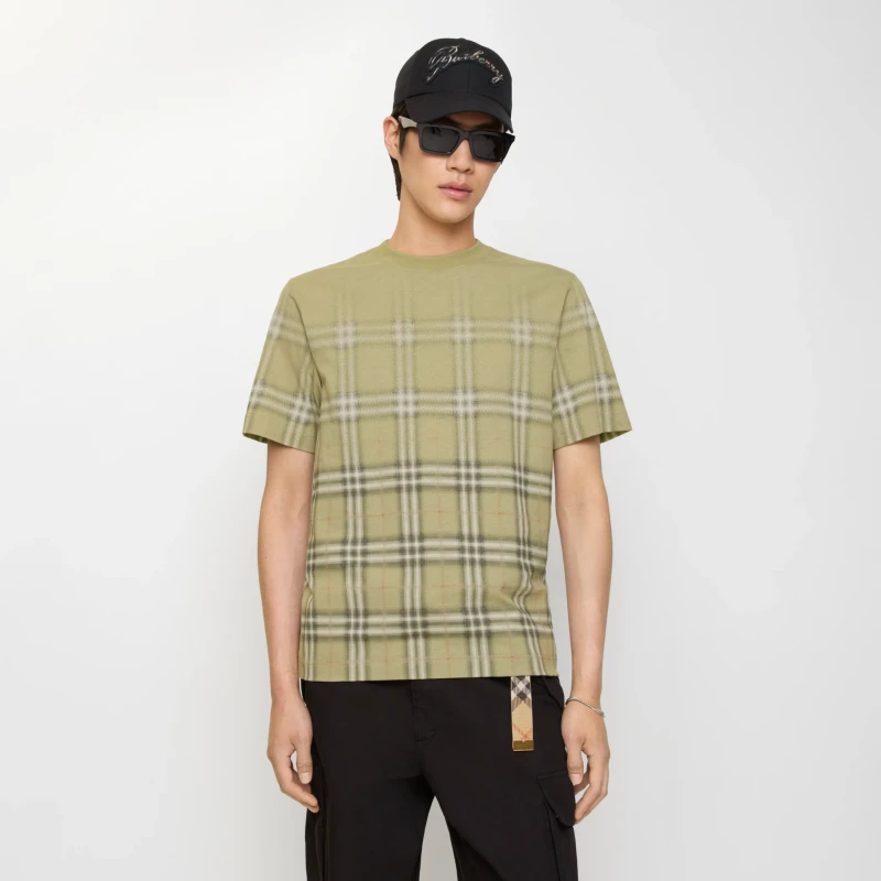Casual style gradient plaid cotton T-shirt