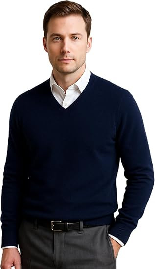 JENNIE LIU Men's 100% Pure Cashmere Long Sleeve Pullover V-neck Sweater