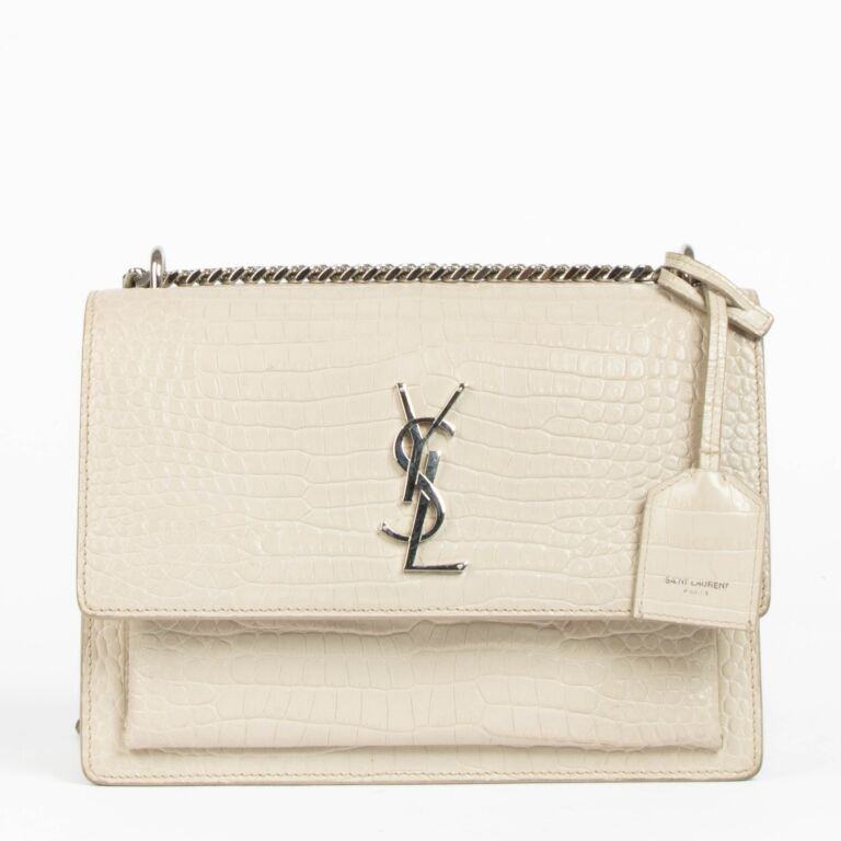 Saint Laurent Beige Crocodile Embossed Medium Sunset Bag