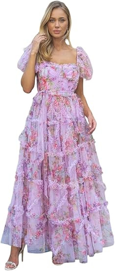 A-line floral tulle puff sleeve bow square neck long dress, layered ruffles, vintage wedding guest ball gown.