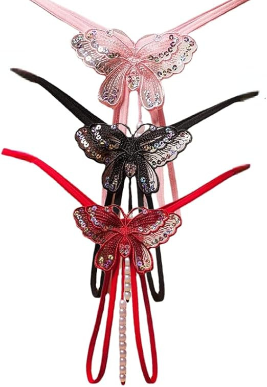 Fashion Women's Sexy Lingerie Lace-Trimmed Hollow-Out Pendant with Pearl Beads Decorated with Butterfly Motif Thong